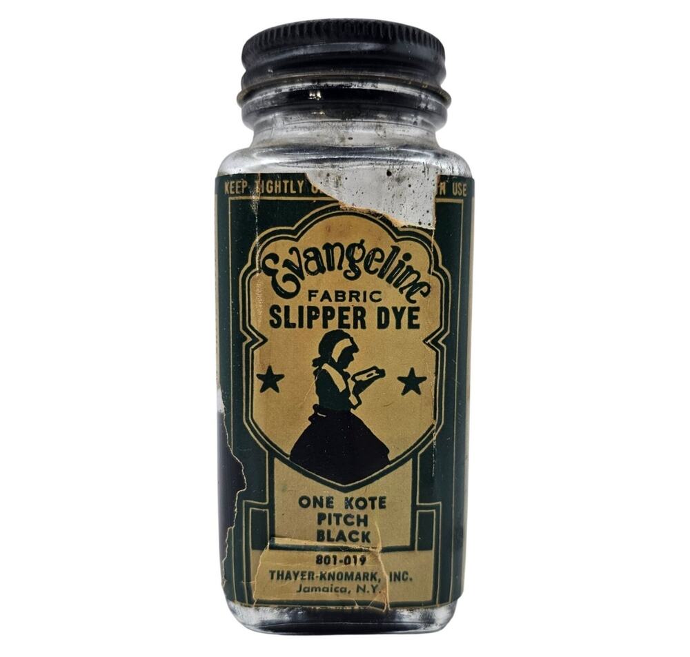Vintage 1940s Evangeline Fabric Slipper Dye Glass Bottle Pitch Black Knomark